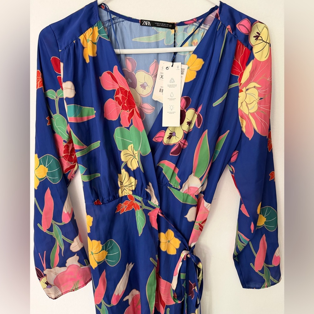 ZARA Floral Wrap Maxi Dress Blue Long Sleeve NWT XS - Picture 3 of 6